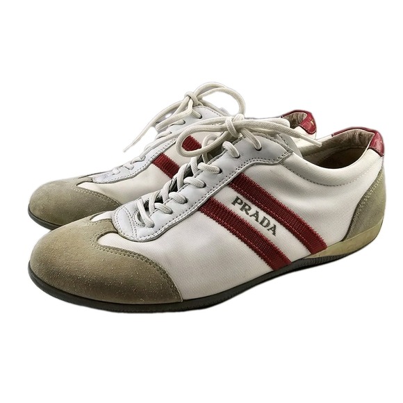 Prada White Red Stripe Canvas Suede Leather Low Top SneakersMens 7.5‎ Womens 9